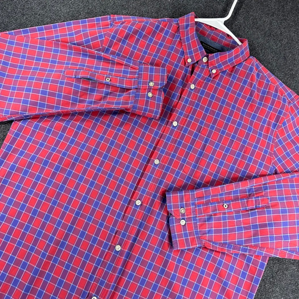 Banana Republic Button Down Mens XL Extra Large Red Purple Plaid Camden Fit